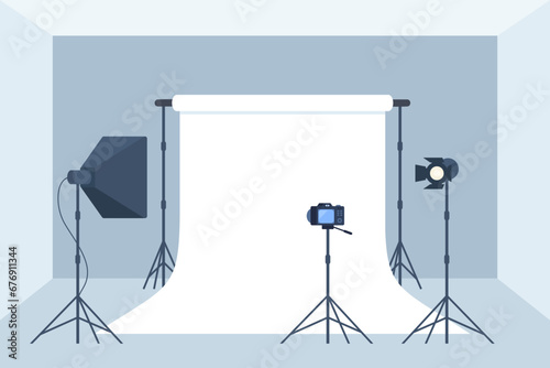 Photo studio with white blank background, soft box light, camera, spotlight. Professional equipment for photo and video shooting. Vector illustration.