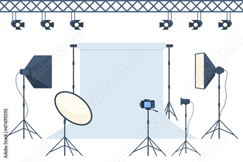 Photo studio with white blank background, soft box light, camera, spotlight. Professional equipment for photo and video shooting. Vector illustration.