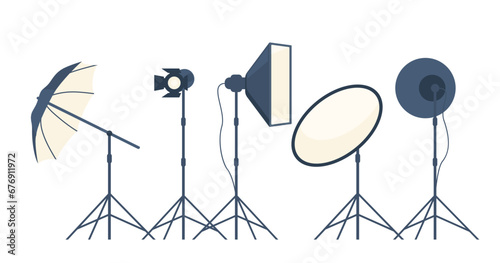 Different types of professional lighting equipment for blogging, vlogging and studio photo and video. Vector illustration.