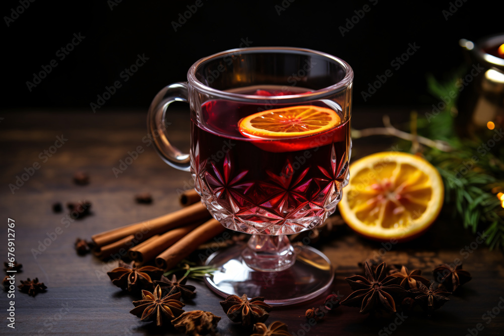 High angle shot of Mulled wine with herbs High angle shot of Mulled wine with herbs