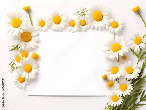 Frame mockup with Chamomile flowers on a white background. Banner or gift card with flowering frame © serdjo13