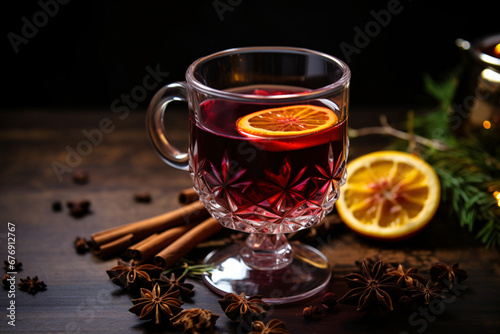 High angle shot of Mulled wine with herbs