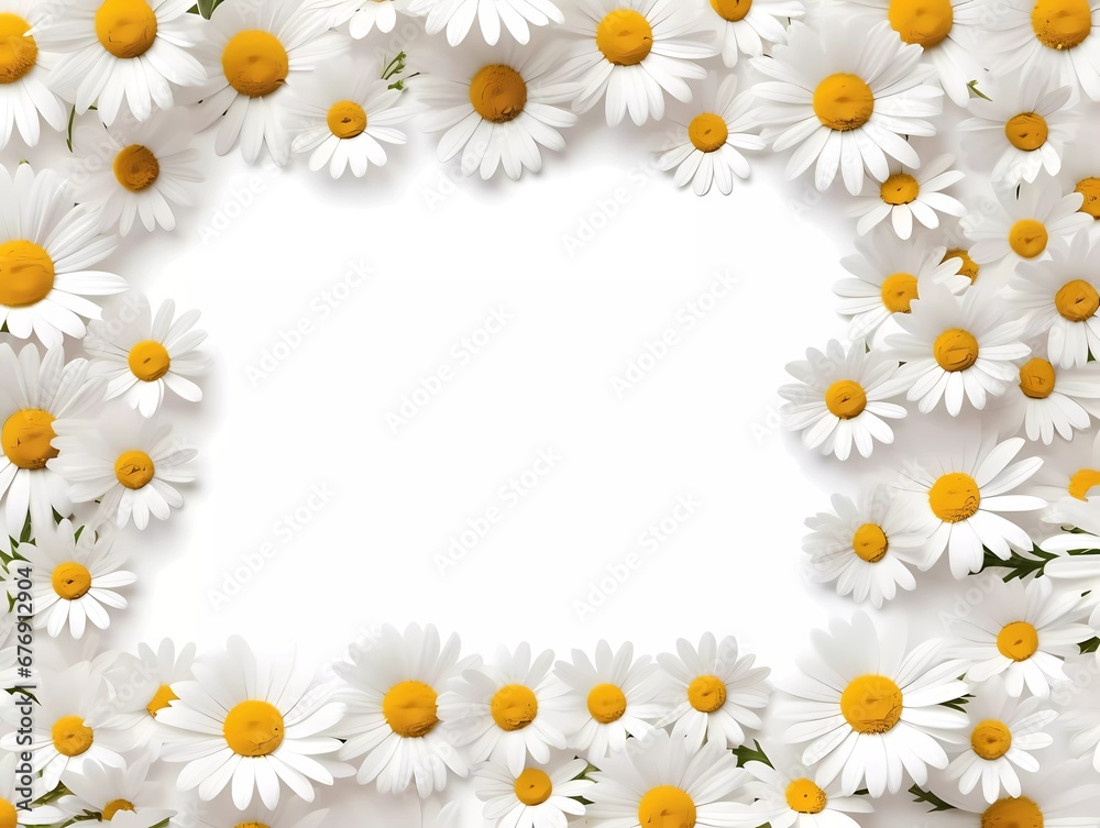 Frame mockup with Chamomile flowers on a white background. Banner or gift card with flowering frame Frame mockup with Chamomile flowers on a white background. Banner or gift card with flowering frame