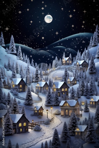 3D Winter Christmas Village with Starry Night Sky and Mountains in the Background © Gabri