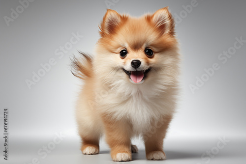 Illustration of cute puppy dog on light background. Pomeranian Spitz puppy photo
