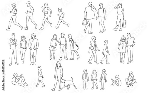 Silhouettes men, women, teenagers and children standing, walking, sitting, with dog, linear sketch, black color, vector, group rest people, students, design concept of flat icon, isolated on white 