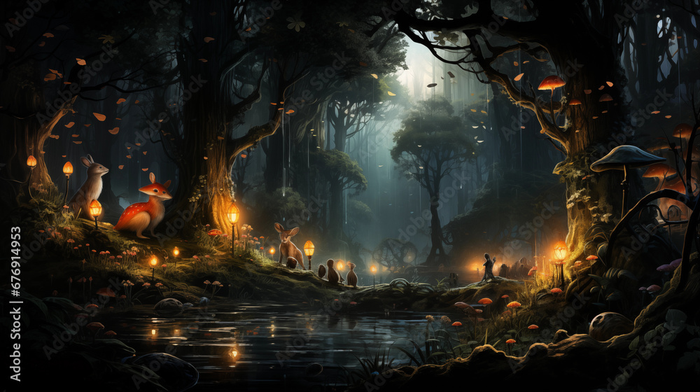 Mystical Forest Gathering: A magical forest setting with anthropomorphic animals engaged in a mystical and harmonious gathering Mystical Forest Gathering: A magical forest setting with anthropomorphic animals engaged in a mystical and harmonious gathering
