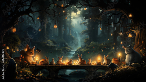 Mystical Forest Gathering: A magical forest setting with anthropomorphic animals engaged in a mystical and harmonious gathering photo