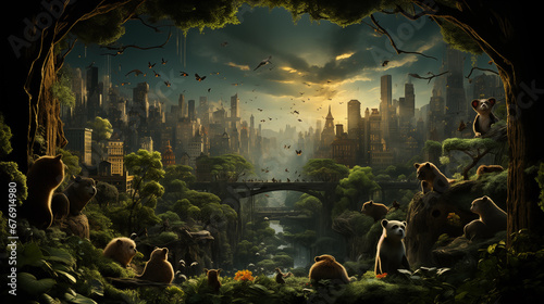 Urban Jungle: Animal Cityscape: A cityscape transformed into an animal metropolis with creatures in business suits and skyscraper burrows photo