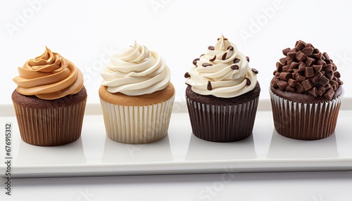 Delicious assortment of freshly baked cupcakes with cream cheese frosting on a pristine white table
