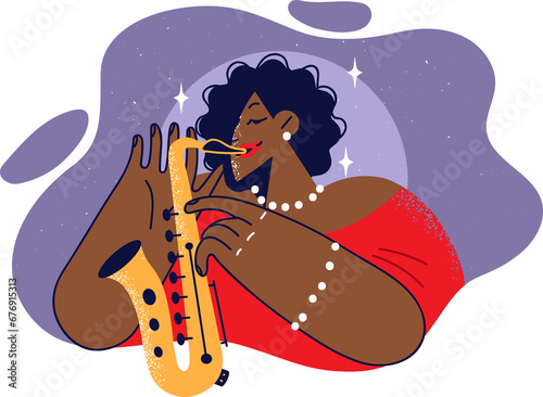 Photography African American woman with saxophone performs jazz or blues music for club or f