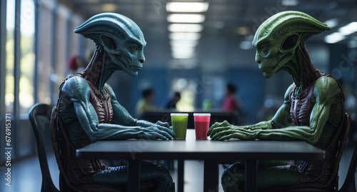 Two aliens are talking in a bar. photo
