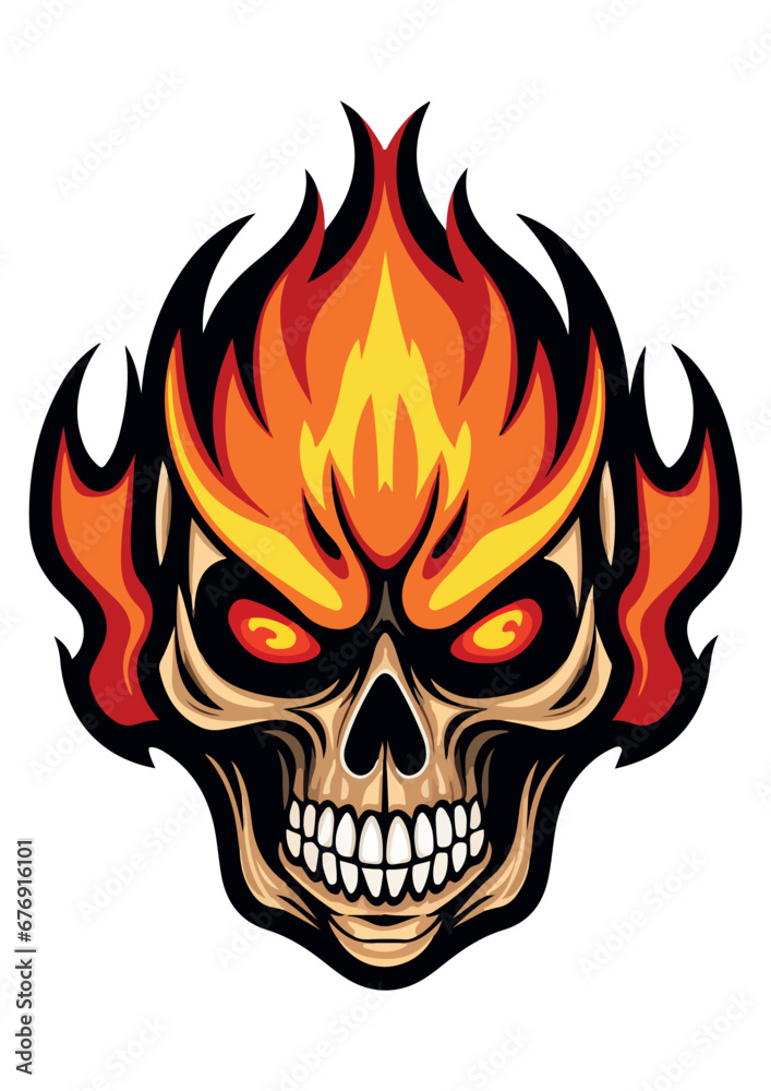 Flaming skull vector, suitable for stickers, ready to print, rearrangable. Flaming skull vector, suitable for stickers, ready to print, rearrangable.