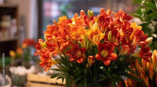 Colorful Alstroemeria in a vase on a shelf in a flower shop. Mother's day concept with a space for a text. Valentine day concept with a copy space.