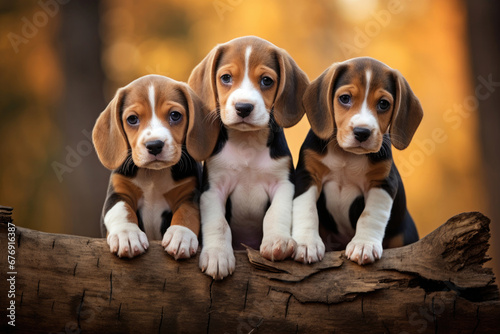 Group of baby beagle dogs outdoors