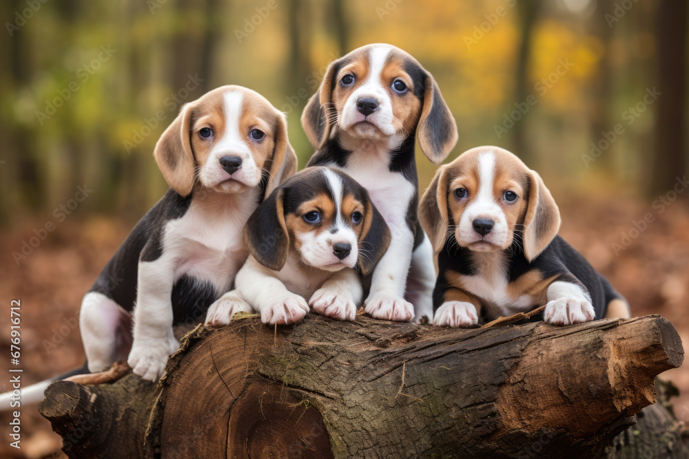 Group of baby beagle dogs outdoors