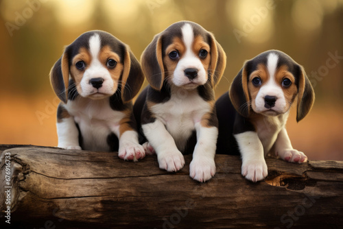 Group of baby beagle dogs outdoors