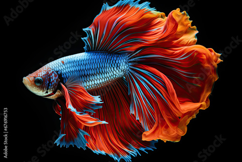 Betta fish. Amazing exotic tropical fish. Colorful fighting Siamese fish with beautiful silk tail isolated on black. 