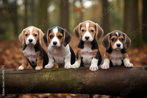 Group of baby beagle dogs outdoors