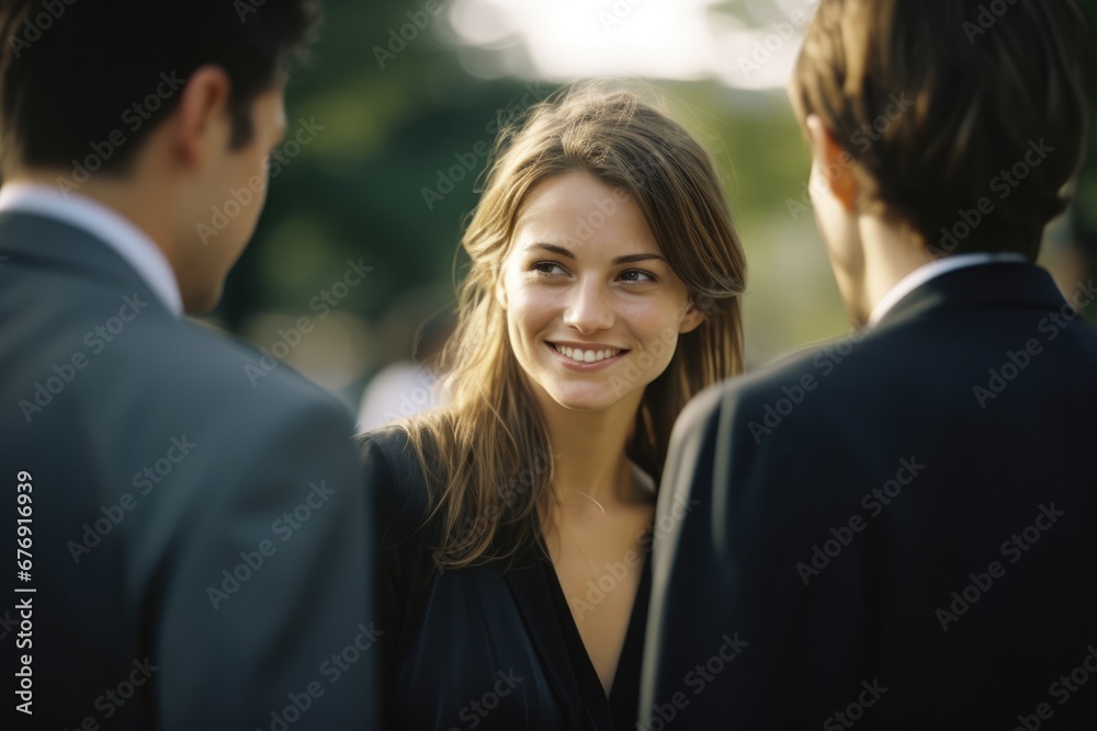 Attractive young female executive wearing a suit talking with coworkers Attractive young female executive wearing a suit talking with coworkers