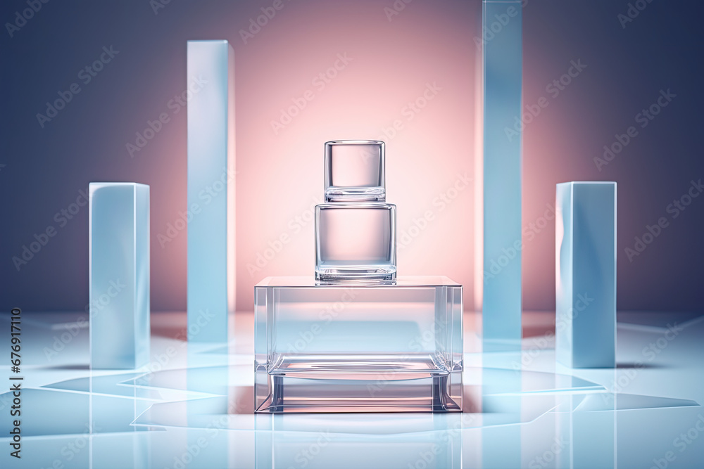 Mockup background with decorative glass cubes. Dais perfume podium. Cosmetic advertising background. Mockup background with decorative glass cubes. Dais perfume podium. Cosmetic advertising background.