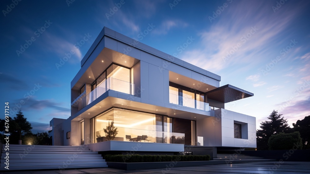 A Photograph capturing the sleek lines and innovative design of a modern exterior. Showcase its elegance and functionality with creative angles and use of natural light.