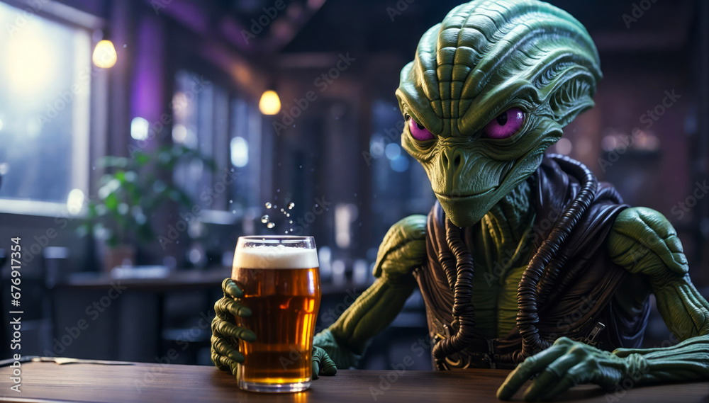 An alien drinks his glass of beer. - obrazy, fototapety, plakaty 