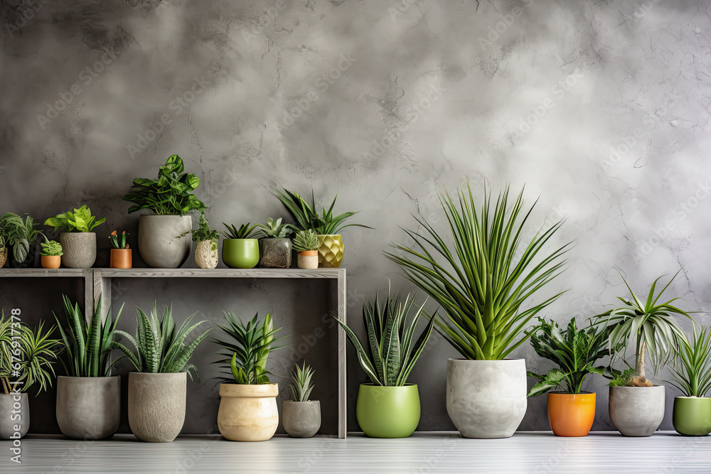 Plants in pots at wall background, houseplants potted in flowerpots in row, succulents and palm leaves.