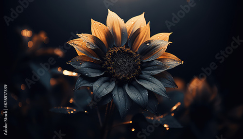   rare sunflower dark and orange  bloom at night, ,cinematic  dark scene  photo