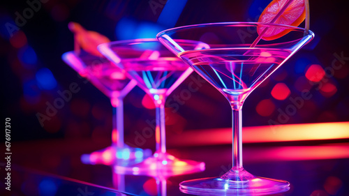 glasses with alcoholic drink on a table in bar