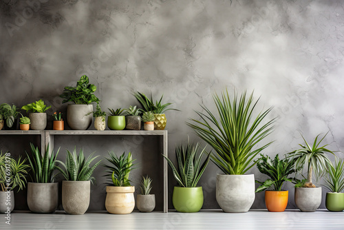 Plants in pots at wall background, houseplants potted in flowerpots in row, succulents and palm leaves. photo