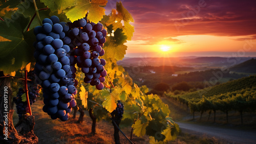beautiful sunset with grapes in the mountains