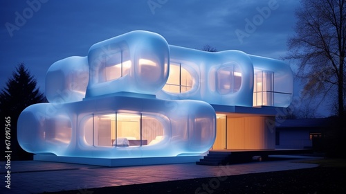 An ultramodern house exterior comprised mainly of aerogel for excellent insulation. photo