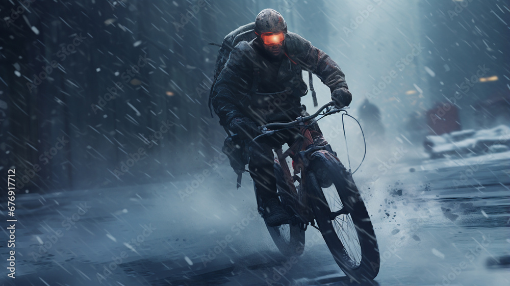 cyclist riding on bike in rain. mixed media cyclist riding on bike in rain. mixed media