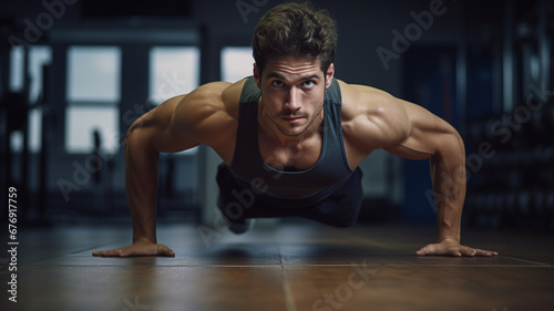 muscular man doing push - ups at gym