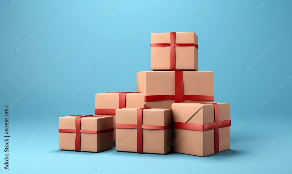 A woman is holding a parcel on a colored background, AI generator