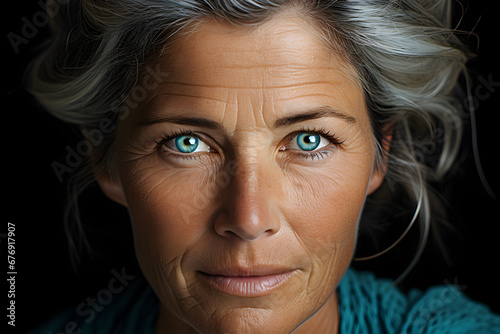An average portrait of a beautiful elderly woman looking into the camera and smiling wonderfully. A gorgeous looking elderly woman with the natural beauty of gray hair, blue eyes.