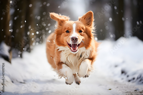 Dog is running through the snow. Dog is jumping in the snow. Mixbreed dog in winter. photo
