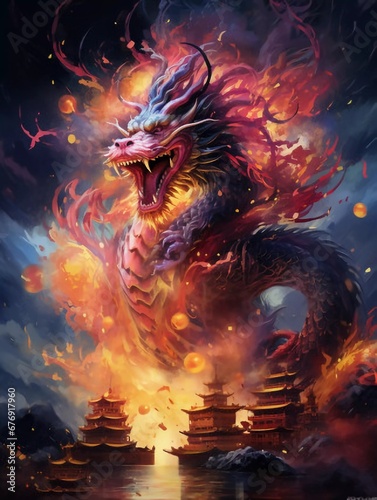 Dragon and fireworks, AI generator