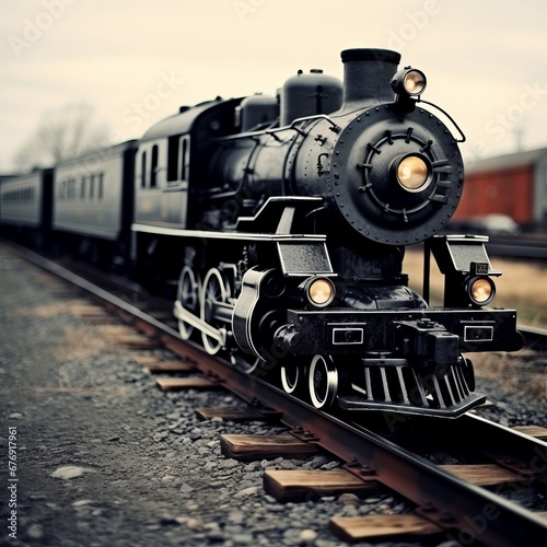 Retro steam locomotive on rails with carriages behind. Old steam train departs from the station wooden platform at cloudy autumn evening with the spotlight on - nostalgic colors.