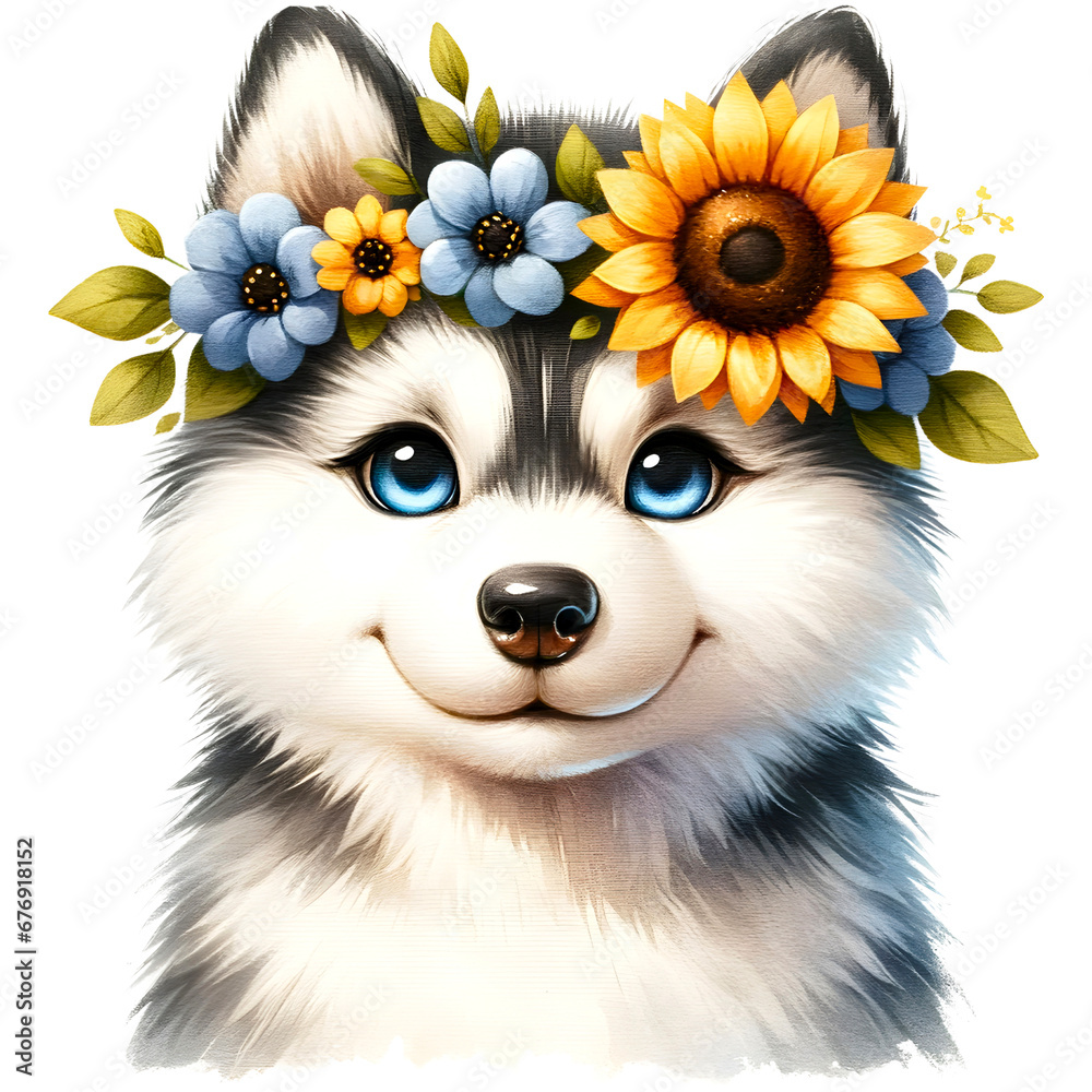 Cute husky with sunflower crown watercolor clipart, PNG illustration with transparent background