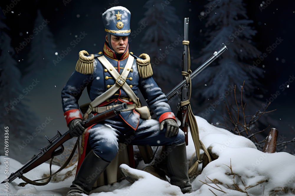 Illustration of a soldier of Napoleon's army during the winter and battle of Moscow in 1812.