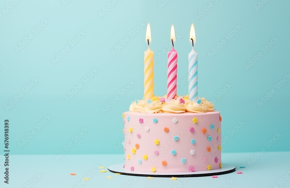 Colorful pink birthday cake with three striped candles isolated on pastel blue background with copy space Colorful pink birthday cake with three striped candles isolated on pastel blue background with copy space