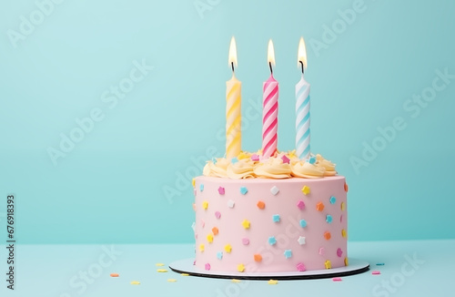 Colorful pink birthday cake with three striped candles isolated on pastel blue background with copy space