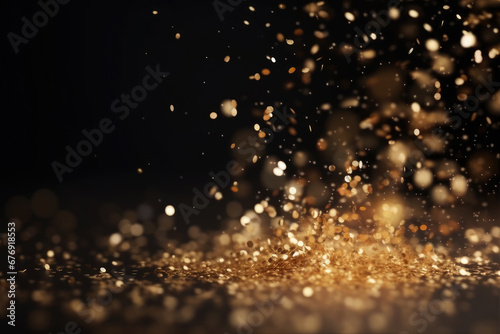 Abstract gold shiny Christmas background with bokeh. Holiday bright golden dust. Blurred backdrop with particles.