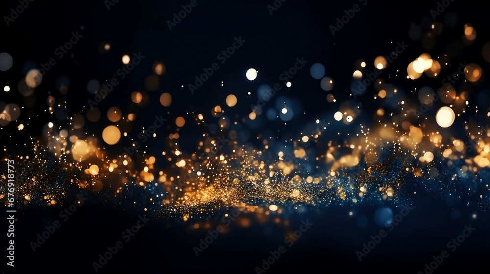 Obraz premium Abstract blue and gold shiny Christmas background with bokeh. Holiday bright blurred backdrop with particles.