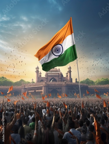 India independence, People celebrating, waving gaint flag, hyper realistic, truephoto, generative ai photo
