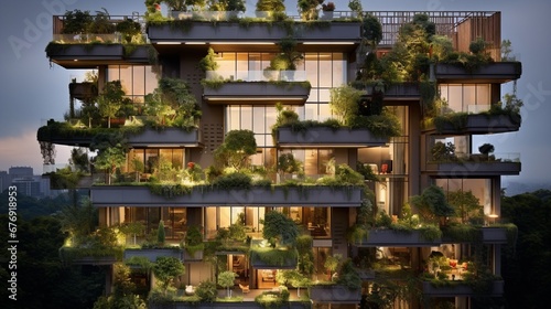 Exterior featuring multiple compact balconies filled with elaborate vertical gardens. © AQ Arts