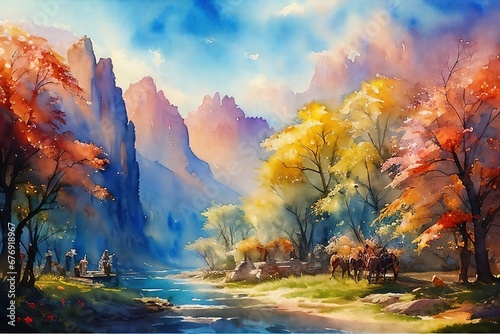 Colorful fantasy illustration of river and mountain landscape. Watercolor drawing.