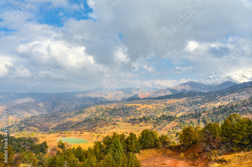 slopes of Amirsoy mountain resort in autumn (Tashkent region, Uzbekistan) photo